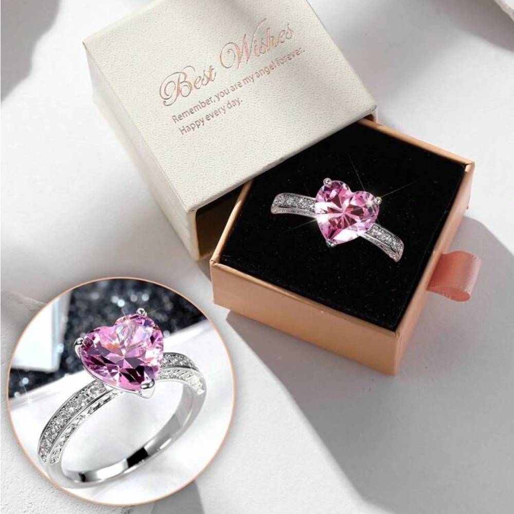 Pink Topaz White Gold plated Women’s Heart Wedding Engagement Ring NWTS With Box